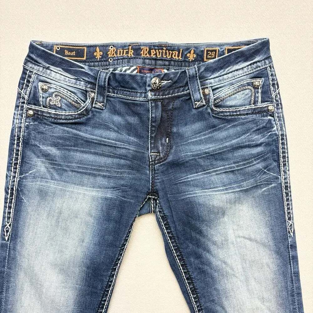 Rock Revival Jeans Semak Low Rise Bootcut Embellished Flap Pocket Denim Size 29